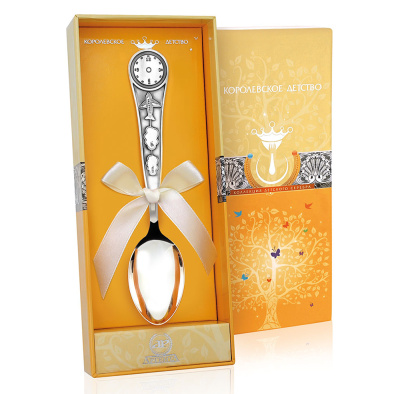 СЕРЕБРЯНАЯ ДЕТСКАЯ ЛОЖКА "ЧАСЫ" С ЧЕРНЕНИЕМ – АРГЕНТА