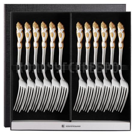 СТОЛОВЫЙ НАБОР ИЗ МЕЛЬХИОРА "ГЕРБ" С ПОЗОЛОТОЙ (12 ВИЛОК) – КОЛЬЧУГИНСКИЙ МЕЛЬХИОР