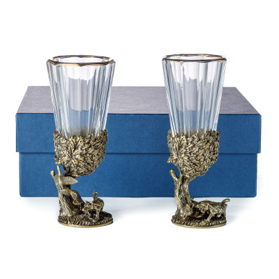 ЛАФИТНИК ДЛЯ ВОДКИ "РУССКИЙ ЛЕС" (УТКИ, ВОЛК) ЛАТУННЫЙ 2 ШТ