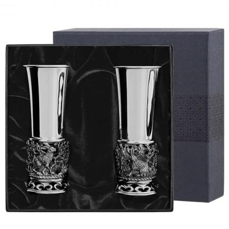 НАБОР СТОПОК "ЗАЙЦЫ" ПОСЕРЕБРЕННЫЙ С ЧЕРНЕНИЕМ (2 ШТУКИ) – КОЛЬЧУГИНСКИЙ МЕЛЬХИОР