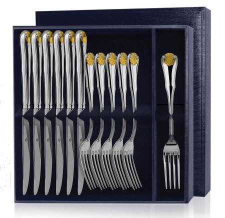 СЕРЕБРЯНЫЙ СТОЛОВЫЙ НАБОР "ВИЗИТ" С ПОЗОЛОТОЙ (6 ВИЛОК, 6 НОЖЕЙ) – АРГЕНТА