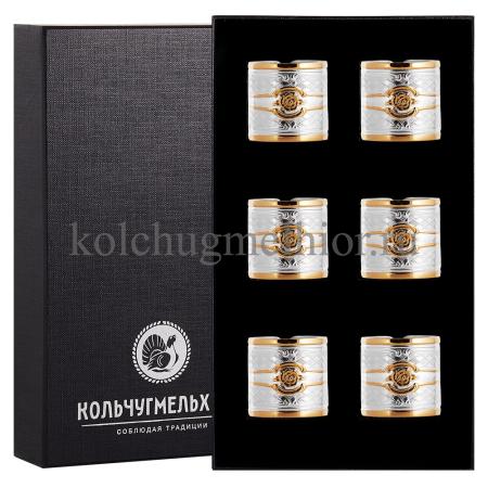 НАБОР ИЗ МЕЛЬХИОРА "РОЗА" С ПОЗОЛОТОЙ (6 КОЛЕЦ ДЛЯ САЛФЕТОК) – КОЛЬЧУГИНСКИЙ МЕЛЬХИОР