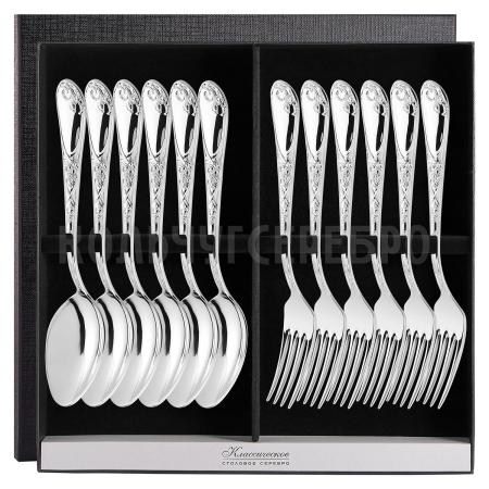 СЕРЕБРЯНЫЙ СТОЛОВЫЙ НАБОР "ИРИСЫ" М-22 (6 ВИЛОК, 6 ЛОЖЕК) – ПАВЛОВСКИЙ ЗАВОД