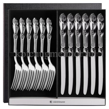 СТОЛОВЫЙ НАБОР ИЗ МЕЛЬХИОРА "РОЗА" С ЧЕРНЕНИЕМ (6 ВИЛОК, 6 НОЖЕЙ) – КОЛЬЧУГИНСКИЙ МЕЛЬХИОР