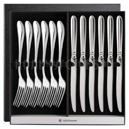 СТОЛОВЫЙ НАБОР ИЗ МЕЛЬХИОРА "КАПЕЛЬКА" (6 ВИЛОК, 6 НОЖЕЙ) – КОЛЬЧУГИНСКИЙ МЕЛЬХИОР