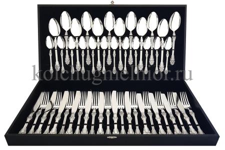 СТОЛОВЫЙ НАБОР ИЗ МЕЛЬХИОРА "ПРАЗДНИЧНЫЙ" С ЧЕРНЕНИЕМ (48 ПРЕДМЕТОВ) – КОЛЬЧУГИНСКИЙ МЕЛЬХИОР