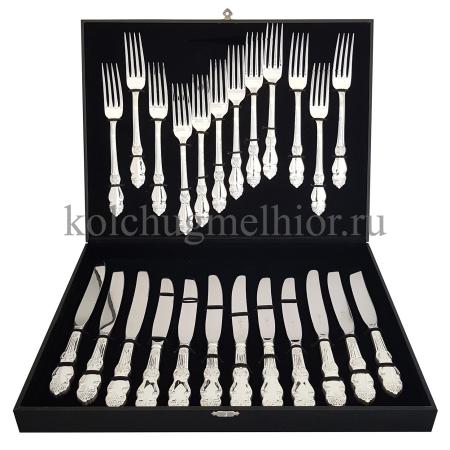 СТОЛОВЫЙ НАБОР ИЗ МЕЛЬХИОРА "РОЗА" (12 ВИЛОК, 12 НОЖЕЙ) – КОЛЬЧУГИНСКИЙ МЕЛЬХИОР