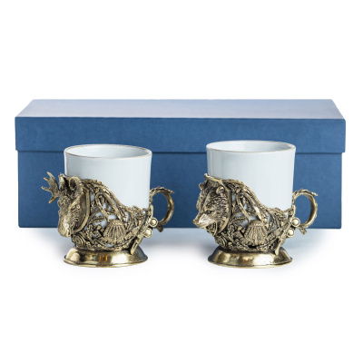 ЛАТУННАЯ КОФЕЙНАЯ ЧАШКА "ЛОСЬ, МЕДВЕДЬ" ТРОФЕЙНЫЙ 2 ШТ