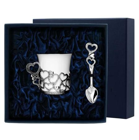 СЕРЕБРЯНАЯ КОФЕЙНАЯ ЧАШКА "СЕРДЕЧКО" С ЧЕРНЕНИЕМ И ЛОЖКОЙ – АРГЕНТА
