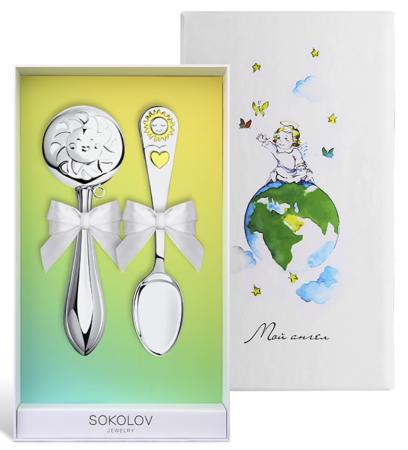 ДЕТСКИЙ НАБОР: ЛОЖКА С ПОГРЕМУШКОЙ "СОЛНЫШКО" С ПОЗОЛОТОЙ – SOKOLOV