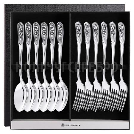 СТОЛОВЫЙ НАБОР ИЗ МЕЛЬХИОРА "ВИЗИРЬ" С ЧЕРНЕНИЕМ (6 ВИЛОК, 6 ЛОЖЕК) – КОЛЬЧУГИНСКИЙ МЕЛЬХИОР