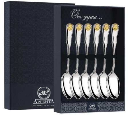 СЕРЕБРЯНЫЙ СТОЛОВЫЙ НАБОР "ВИЗИТ" С ПОЗОЛОТОЙ (6 ЧАЙНЫХ ЛОЖЕК) – АРГЕНТА