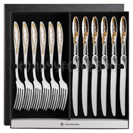 СТОЛОВЫЙ НАБОР ИЗ МЕЛЬХИОРА "ПЛАМЯ" С ПОЗОЛОТОЙ (6 ВИЛОК, 6 НОЖЕЙ) – КОЛЬЧУГИНСКИЙ МЕЛЬХИОР
