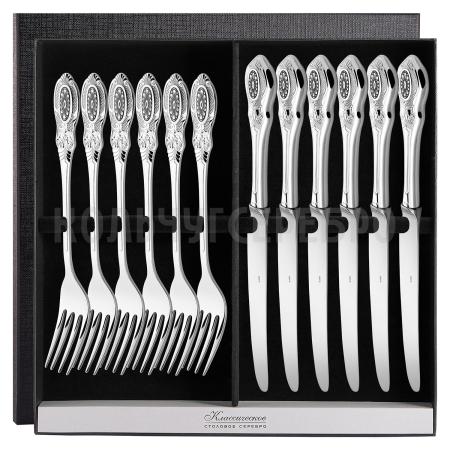 СЕРЕБРЯНЫЙ СТОЛОВЫЙ НАБОР "КУПЕЧЕСКИЙ" С ЧЕРНЕНИЕМ (6 ВИЛОК, 6 НОЖЕЙ) - СЕВЕРНАЯ ЧЕРНЬ