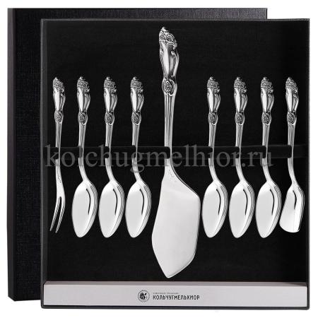 ЧАЙНЫЙ НАБОР ИЗ МЕЛЬХИОРА "РОЗА" С ЧЕРНЕНИЕМ (9 ПРЕДМЕТОВ) – КОЛЬЧУГИНСКИЙ МЕЛЬХИОР