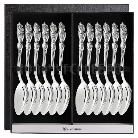 СТОЛОВЫЙ НАБОР ИЗ МЕЛЬХИОРА "ГЕРБ" С ЧЕРНЕНИЕМ (12 ЛОЖЕК) – КОЛЬЧУГИНСКИЙ МЕЛЬХИОР