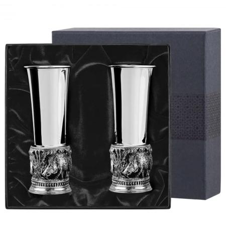 НАБОР СТОПОК "КАБАНЫ" ПОСЕРЕБРЕННЫЙ С ЧЕРНЕНИЕМ (2 ШТУКИ) – КОЛЬЧУГИНСКИЙ МЕЛЬХИОР