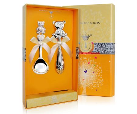 ДЕТСКИЙ НАБОР: ЛОЖКА И ПОГРЕМУШКА "МИШУТКА" №1 – АРГЕНТА