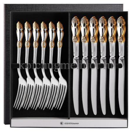 СТОЛОВЫЙ НАБОР ИЗ МЕЛЬХИОРА "РОЗА" С ПОЗОЛОТОЙ (6 ВИЛОК, 6 НОЖЕЙ) – КОЛЬЧУГИНСКИЙ МЕЛЬХИОР