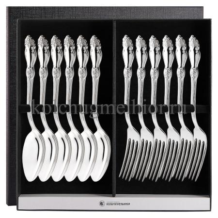 СТОЛОВЫЙ НАБОР ИЗ МЕЛЬХИОРА "РОЗА" (6 ВИЛОК, 6 ЛОЖЕК) – КОЛЬЧУГИНСКИЙ МЕЛЬХИОР