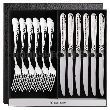 СТОЛОВЫЙ НАБОР ИЗ МЕЛЬХИОРА "КАПЕЛЬКА" КОВАННАЯ (6 ВИЛОК, 6 НОЖЕЙ) – КОЛЬЧУГИНСКИЙ МЕЛЬХИОР