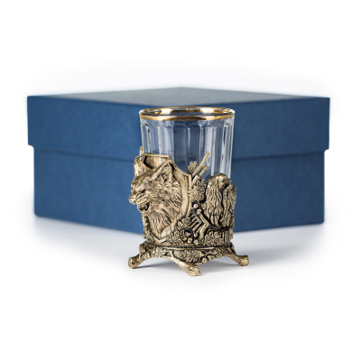 СТОПКА "ОХОТА-РЫСЬ" ТРОФЕЙНАЯ ЛАТУННАЯ