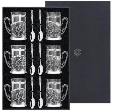 НАБОР ИЗ 6 ПОДСТАКАННИКОВ МЕДВЕЖЬЯ ОХОТА" ПОСЕРЕБРЕННЫЙ – КОЛЬЧУГИНСКИЙ МЕЛЬХИОР