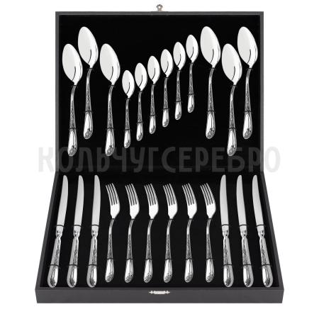 СЕРЕБРЯНЫЙ СТОЛОВЫЙ НАБОР "ИРИСЫ" М-22 С ЧЕРНЕНИЕМ (24 ПРЕДМЕТА) – ПАВЛОВСКИЙ ЗАВОД