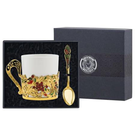 НАБОР ДЛЯ ЧАЯ "РЯБИНА" С ПОЗОЛОТОЙ И ЭМАЛЬЮ – КОЛЬЧУГИНСКИЙ МЕЛЬХИОР