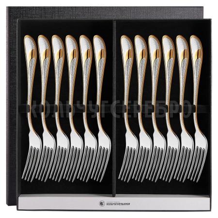 СТОЛОВЫЙ НАБОР ИЗ МЕЛЬХИОРА "МЕТЕЛИЦА" С ПОЗОЛОТОЙ (12 ВИЛОК) – КОЛЬЧУГИНСКИЙ МЕЛЬХИОР
