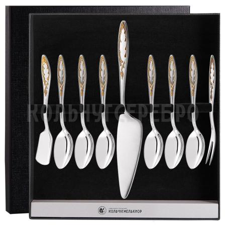 ЧАЙНЫЙ НАБОР ИЗ МЕЛЬХИОРА "ПЛАМЯ" С ПОЗОЛОТОЙ (9 ПРЕДМЕТОВ) – КОЛЬЧУГИНСКИЙ МЕЛЬХИОР