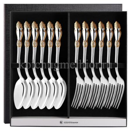 СТОЛОВЫЙ НАБОР ИЗ МЕЛЬХИОРА "РОЗА" С ПОЗОЛОТОЙ (6 ВИЛОК, 6 ЛОЖЕК) – КОЛЬЧУГИНСКИЙ МЕЛЬХИОР