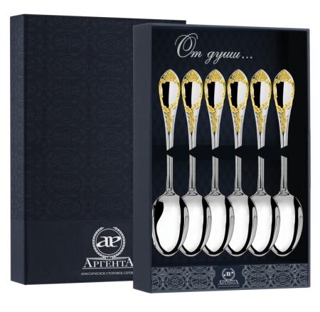 СЕРЕБРЯНЫЙ СТОЛОВЫЙ НАБОР "ПРЕСТИЖ" С ПОЗОЛОТОЙ (6 ЧАЙНЫХ ЛОЖЕК) – АРГЕНТА
