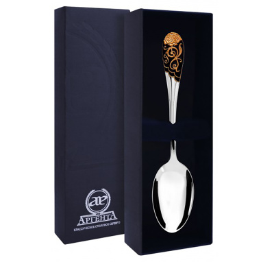 СЕРЕБРЯНАЯ ЧАЙНАЯ ЛОЖКА "РОЗА" С ПОЗОЛОТОЙ И ЧЕРНОЙ ЭМАЛЬЮ – АРГЕНТА