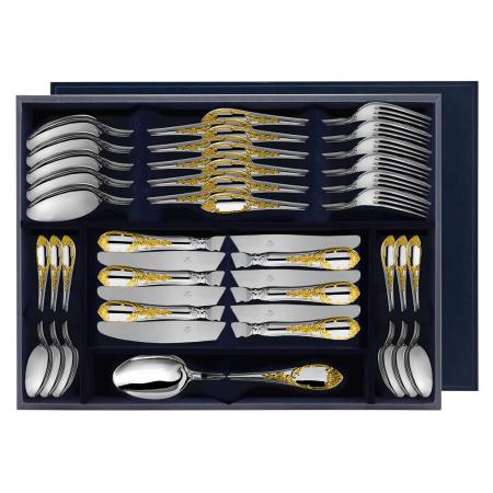 СЕРЕБРЯНЫЙ СТОЛОВЫЙ НАБОР "ПРЕСТИЖ" С ПОЗОЛОТОЙ (24 ПРЕДМЕТА) – АРГЕНТА