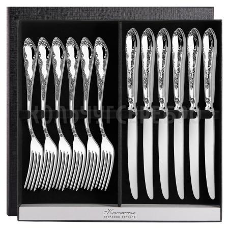 СЕРЕБРЯНЫЙ СТОЛОВЫЙ НАБОР "ПОСОЛЬСКИЙ" М-18 С ЧЕРНЕНИЕМ (6 ВИЛОК, 6 НОЖЕЙ) – ПАВЛОВСКИЙ ЗАВОД
