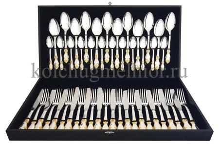 СТОЛОВЫЙ НАБОР ИЗ МЕЛЬХИОРА "РОЗА" С ПОЗОЛОТОЙ (48 ПРЕДМЕТОВ) – КОЛЬЧУГИНСКИЙ МЕЛЬХИОР