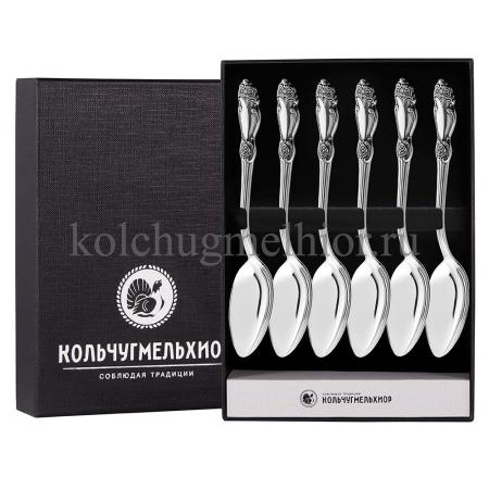 ЧАЙНЫЙ НАБОР ИЗ МЕЛЬХИОРА "РОЗА" С ЧЕРНЕНИЕМ (6 ЧАЙНЫХ ЛОЖЕК) – КОЛЬЧУГИНСКИЙ МЕЛЬХИОР