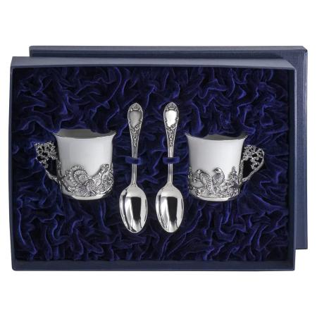 СЕРЕБРЯНАЯ КОФЕЙНАЯ ПАРА "ГЛУХАРИ" С ЧЕРНЕНИЕМ – АРГЕНТА