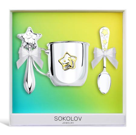 ДЕТСКИЙ НАБОР "ЗВЕЗДА" С ПОЗОЛОТОЙ (КРУЖКА, ЛОЖКА, ПОГРЕМУШКА) – SOKOLOV