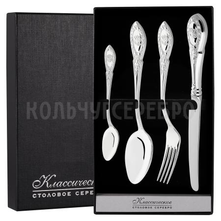 СЕРЕБРЯНЫЙ СТОЛОВЫЙ НАБОР "ГОСУДАРСТВЕННЫЙ" (4 ПРЕДМЕТА) - РУССКИЕ САМОЦВЕТЫ