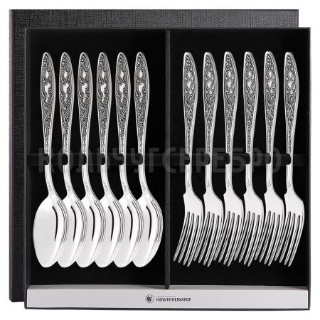 СТОЛОВЫЙ НАБОР ИЗ МЕЛЬХИОРА "МОРОЗКО" (6 ВИЛОК, 6 ЛОЖЕК) – КОЛЬЧУГИНСКИЙ МЕЛЬХИОР