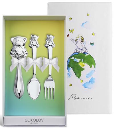 ДЕТСКИЕ СТОЛОВЫЕ ПРИБОРЫ С ПОГРЕМУШКОЙ "МИШУТКА" – SOKOLOV