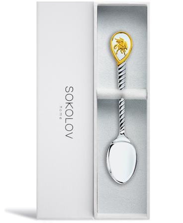 СЕРЕБРЯНАЯ ЧАЙНАЯ ЛОЖКА "ЗОДИАК-ТЕЛЕЦ" С ПОЗОЛОТОЙ – SOKOLOV