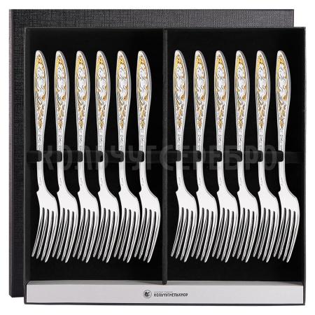 СТОЛОВЫЙ НАБОР ИЗ МЕЛЬХИОРА "МОРОЗКО" С ПОЗОЛОТОЙ (12 ВИЛОК) – КОЛЬЧУГИНСКИЙ МЕЛЬХИОР