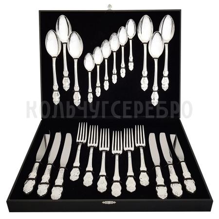 СТОЛОВЫЙ НАБОР ИЗ МЕЛЬХИОРА "ГЕРБ" С ЧЕРНЕНИЕМ (24 ПРЕДМЕТА) – КОЛЬЧУГИНСКИЙ МЕЛЬХИОР