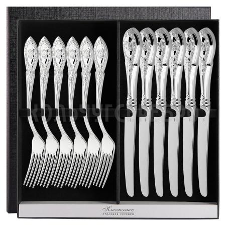 СЕРЕБРЯНЫЙ СТОЛОВЫЙ НАБОР "ГОСУДАРСТВЕННЫЙ" (6 ВИЛОК, 6 НОЖЕЙ) - РУССКИЕ САМОЦВЕТЫ