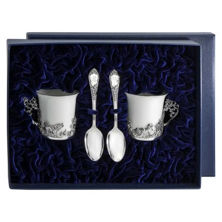 СЕРЕБРЯНАЯ КОФЕЙНАЯ ПАРА "КАБАНЫ" С ЧЕРНЕНИЕМ И ЛОЖКАМИ – АРГЕНТА