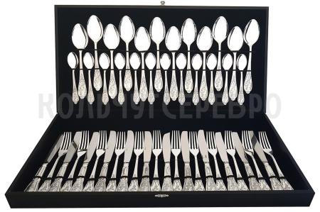 СТОЛОВЫЙ НАБОР ИЗ МЕЛЬХИОРА "ВЕСНА" С ЧЕРНЕНИЕМ (48 ПРЕДМЕТОВ) – МСТЕРСКИЙ ЮВЕЛИР