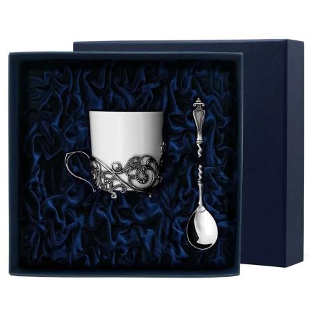 СЕРЕБРЯНАЯ КОФЕЙНАЯ ЧАШКА "ВИТАЯ" С ЧЕРНЕНИЕМ И ЛОЖКОЙ – АРГЕНТА